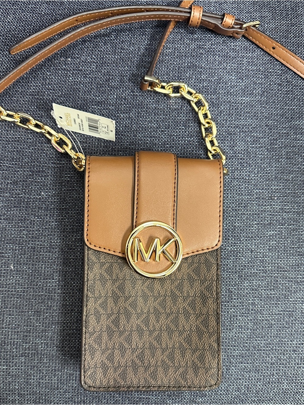 Michael Kors Brown Tan Signature MK Chain Crossbody Phone Pouch